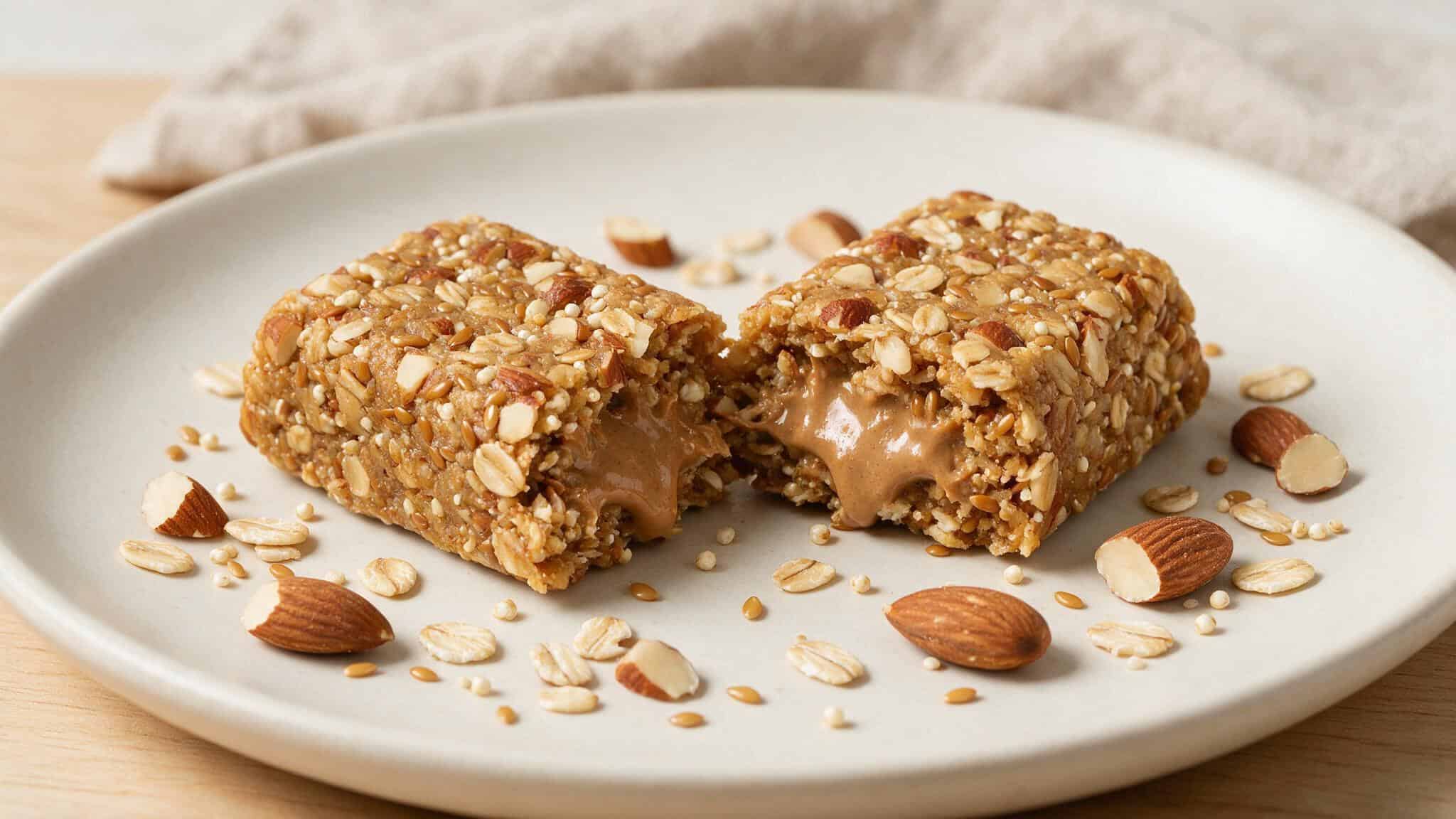 Cross-section of IQBAR showing flaxseeds and almond butter, illustrating fiber and omega-3 sources.