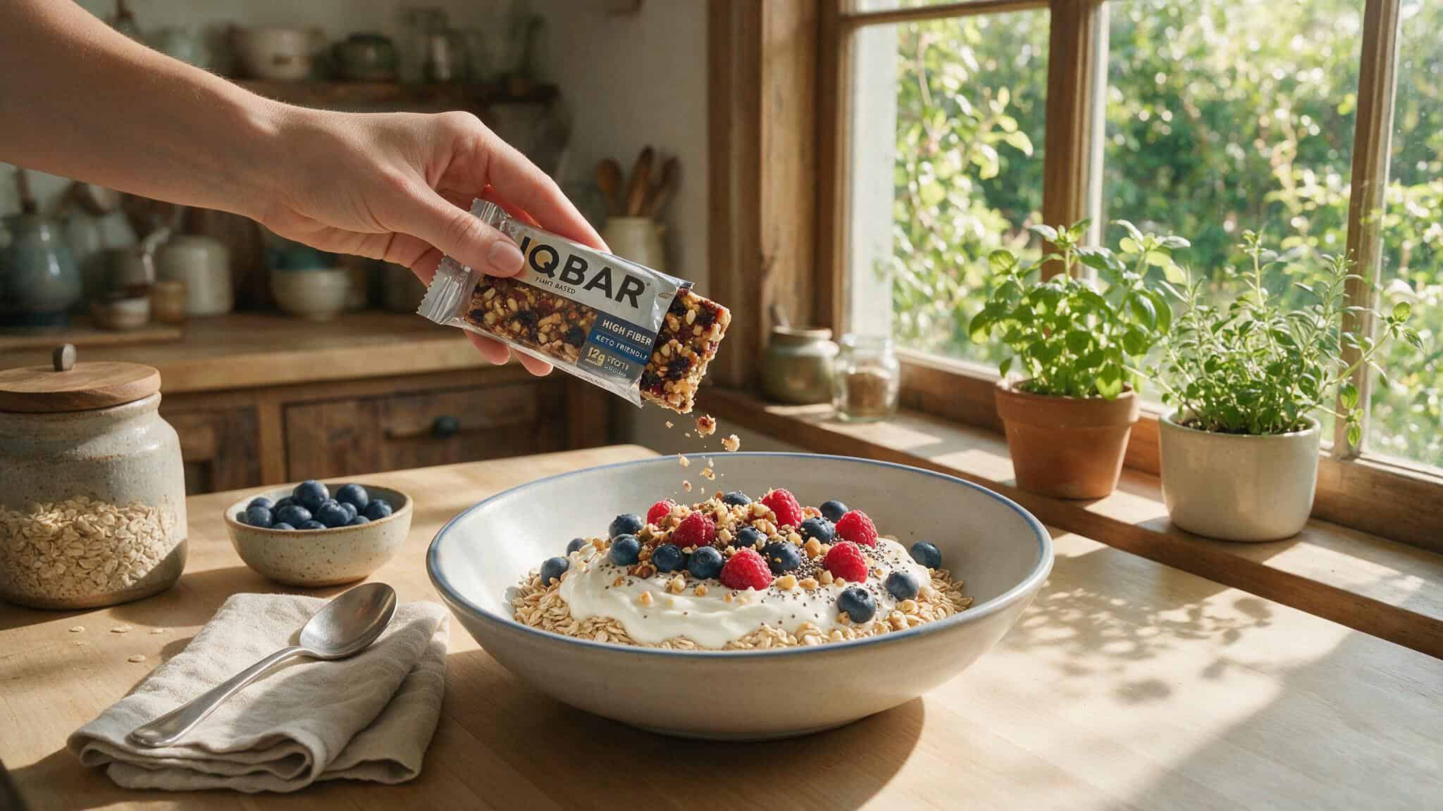 IQ Bars Review Reddit: Unfiltered Opinions on Taste, Texture, and Cognitive Benefits 8 Person crumbling IQBAR over Greek yogurt and oatmeal for a nutrient-boosted breakfast.