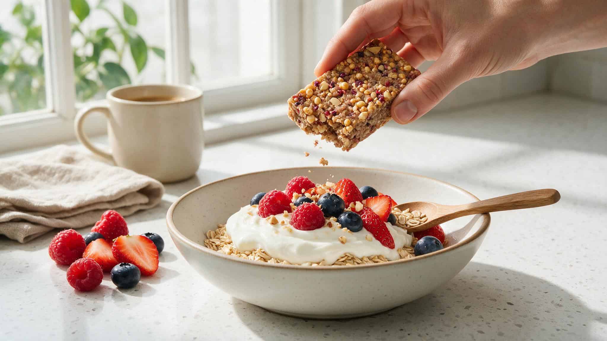 IQBAR crumbled over yogurt and oatmeal as a topping, showing a serving suggestion from the review.