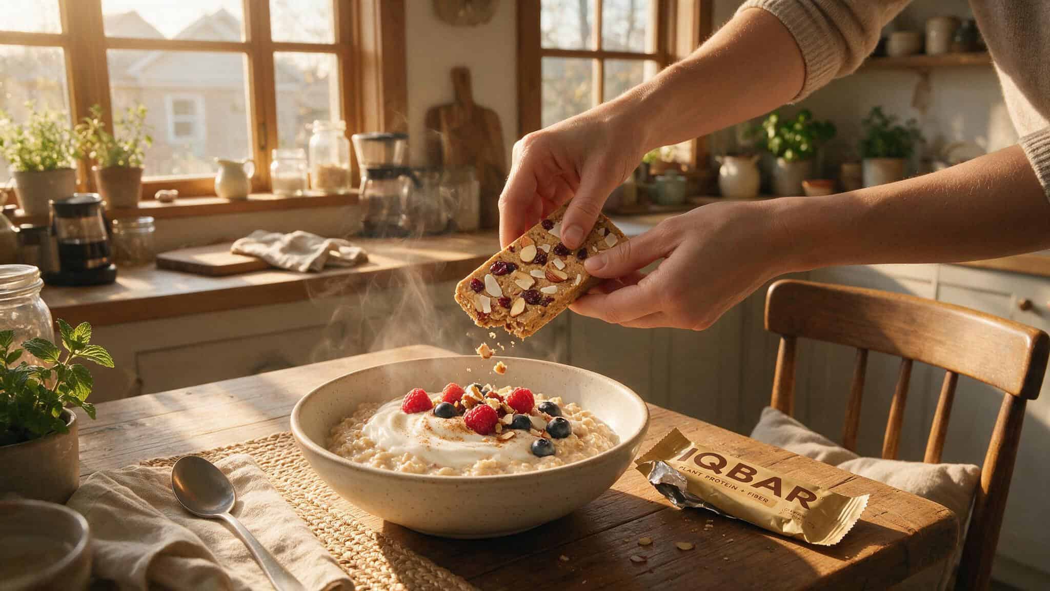 Hand crumbling an IQBAR into a bowl of yogurt and oatmeal in a sunlit kitchen.