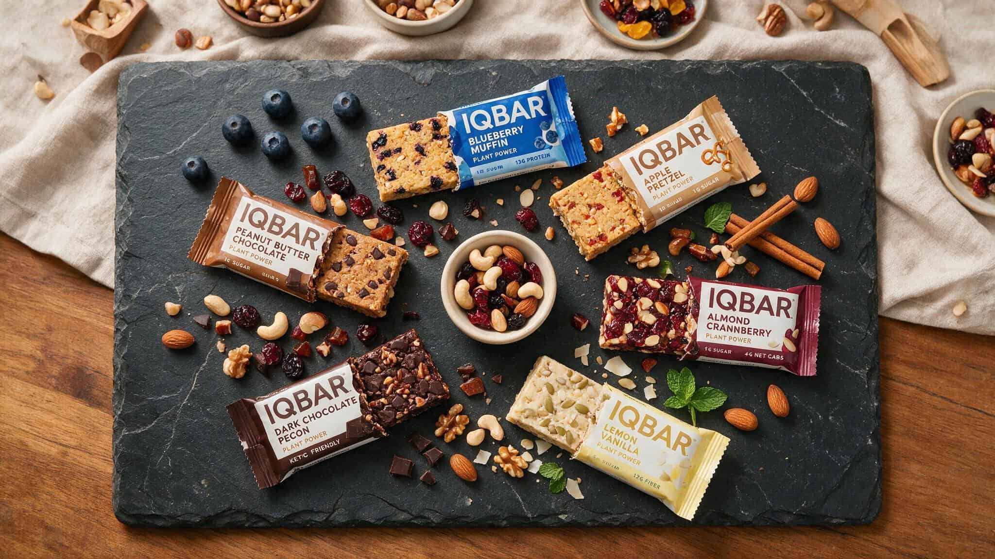Six IQBAR flavors arranged in a circle on a slate board, each broken open to show interior.