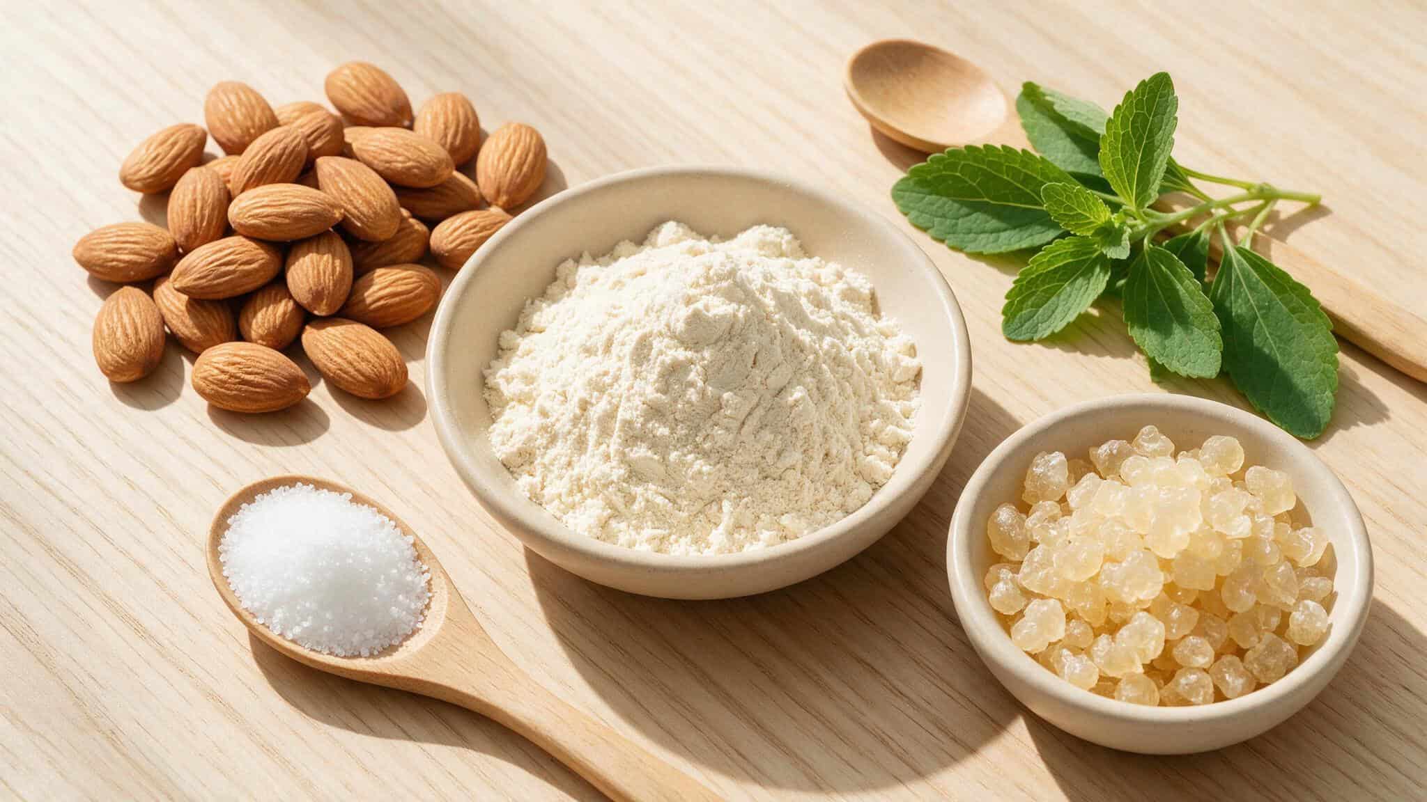 IQ Bar vs RX Bar: Ingredients, Taste, and Nutrition Compared 3 Flat lay of IQ Bar ingredients including almonds, pea protein, tapioca fiber, allulose, and stevia.