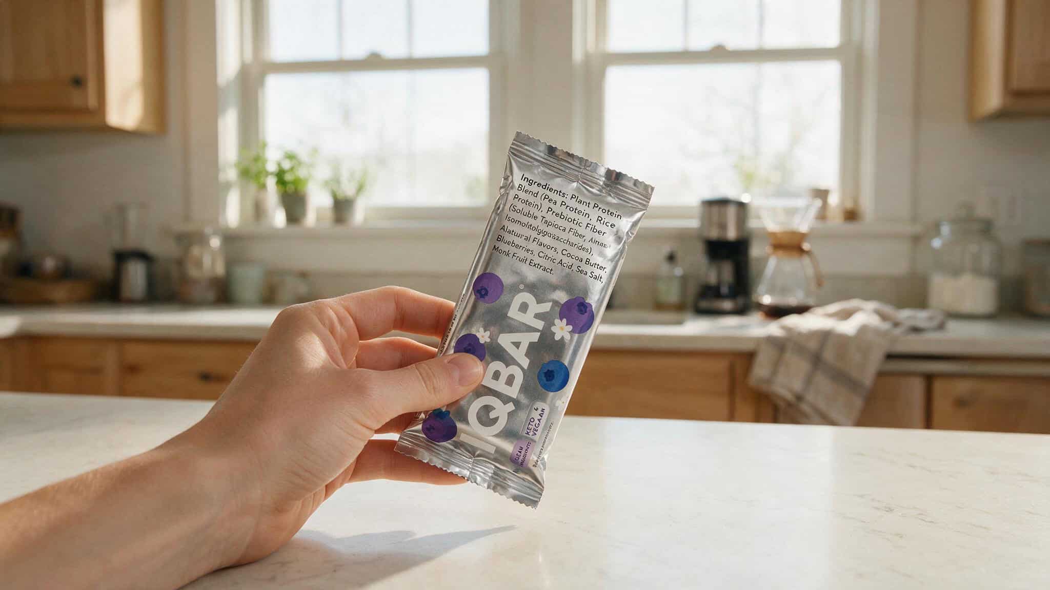 IQ Bars Review Reddit: Unfiltered Opinions on Taste, Texture, and Cognitive Benefits 3 Hand holding IQBAR wrapper showing short legible ingredient list with no seed oils.