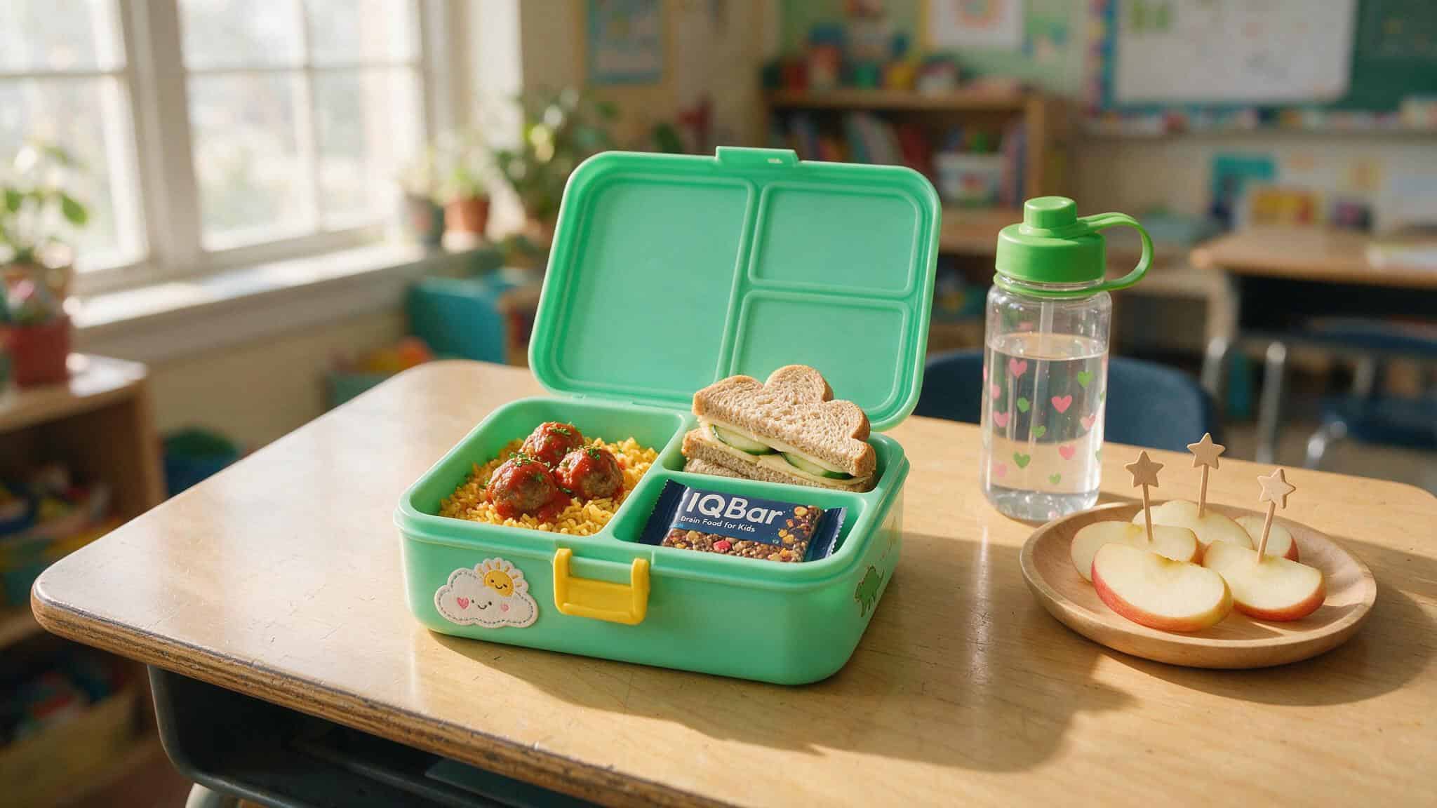 IQ Bar vs RX Bar: Ingredients, Taste, and Nutrition Compared 8 Open lunchbox with an IQBar placed beside an apple and water bottle on a school desk.