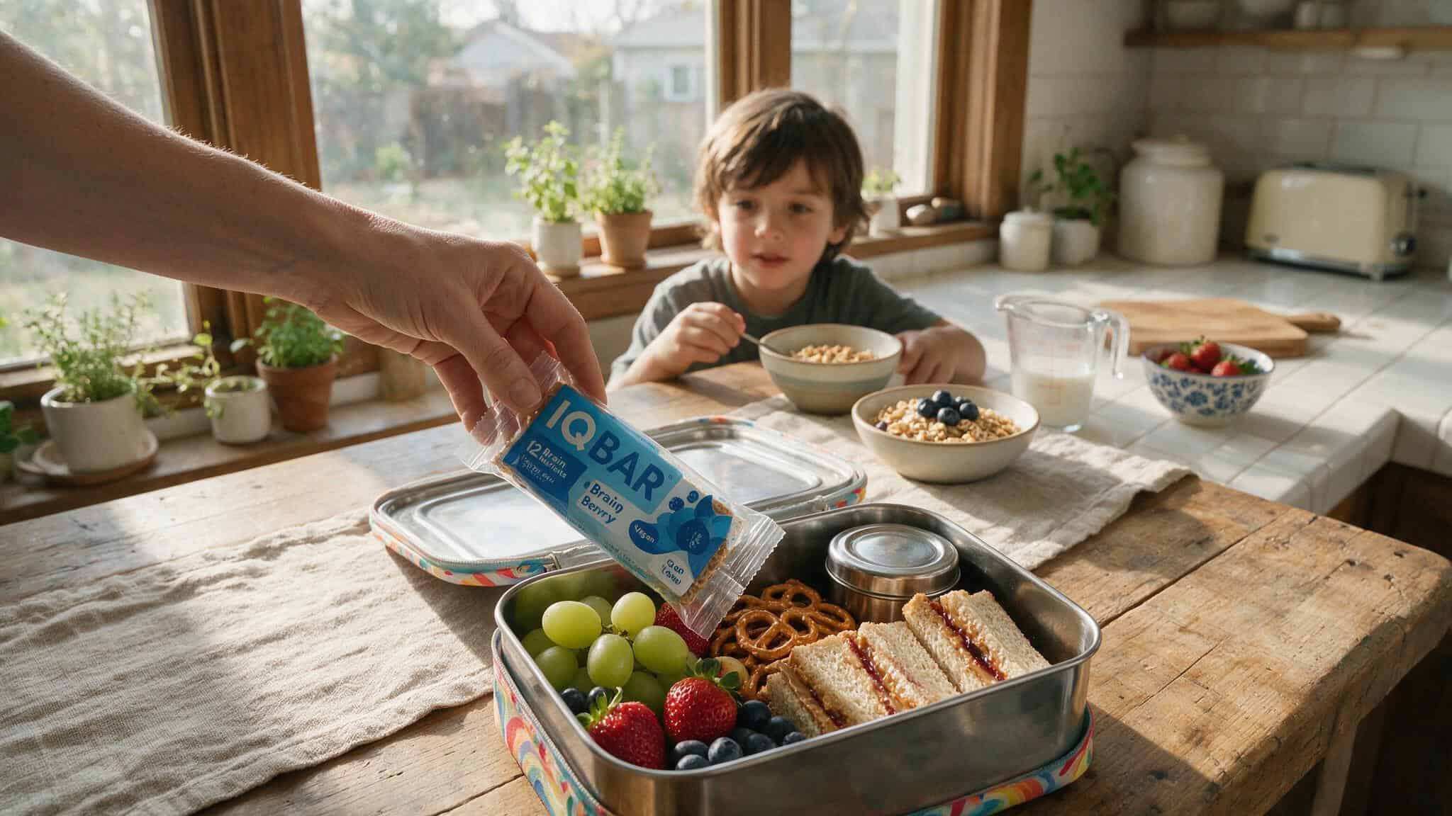 Parent placing an IQBAR into a child's lunchbox, illustrating the snack's lunchbox convenience.