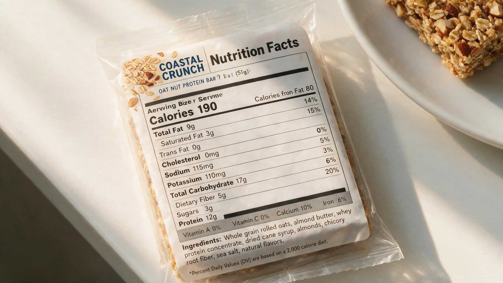 IQBAR nutrition facts panel and ingredient list on a white countertop in morning light.
