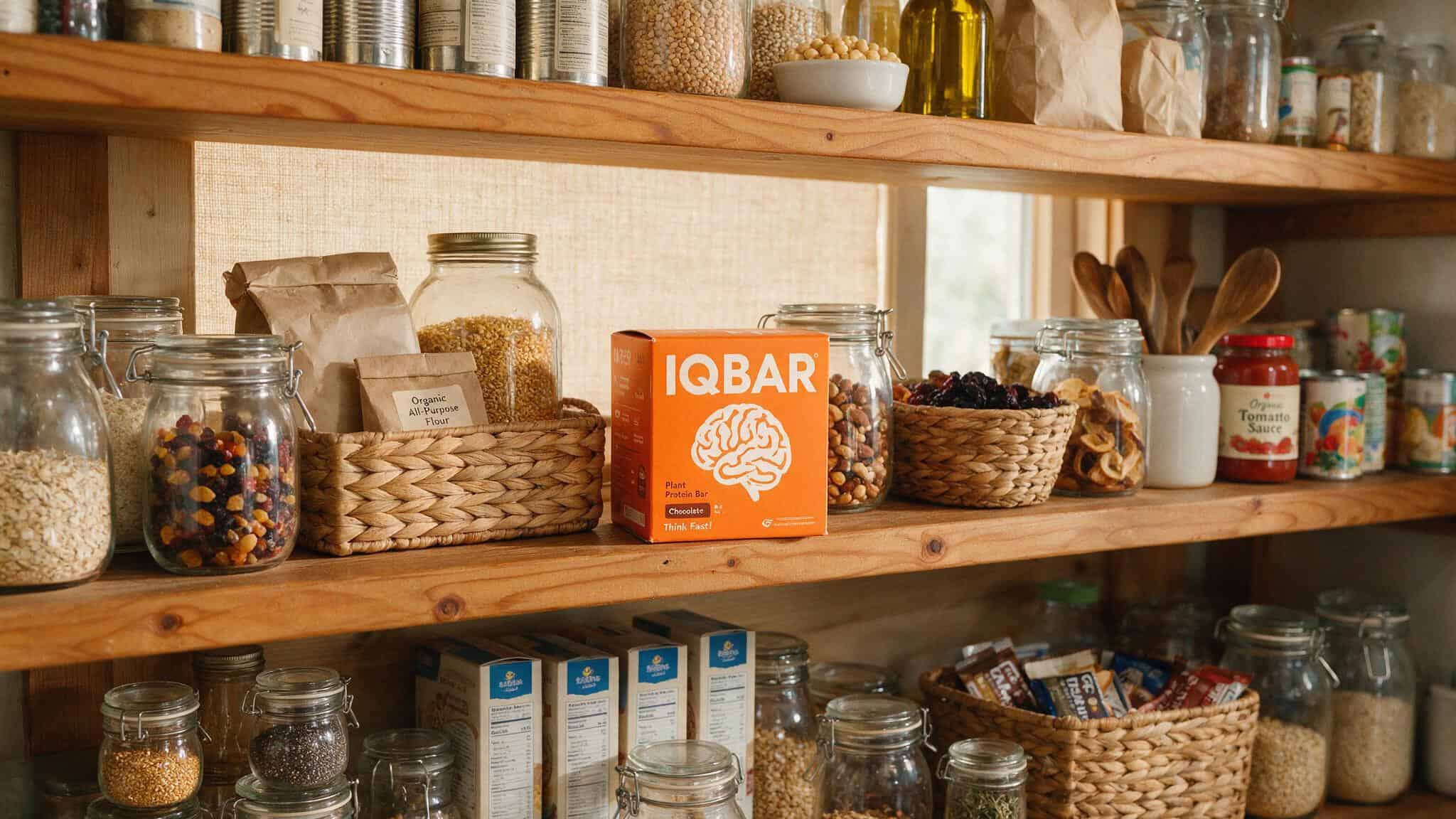 IQBAR box stored on a pantry shelf among other bulk items, showing its manageable size.
