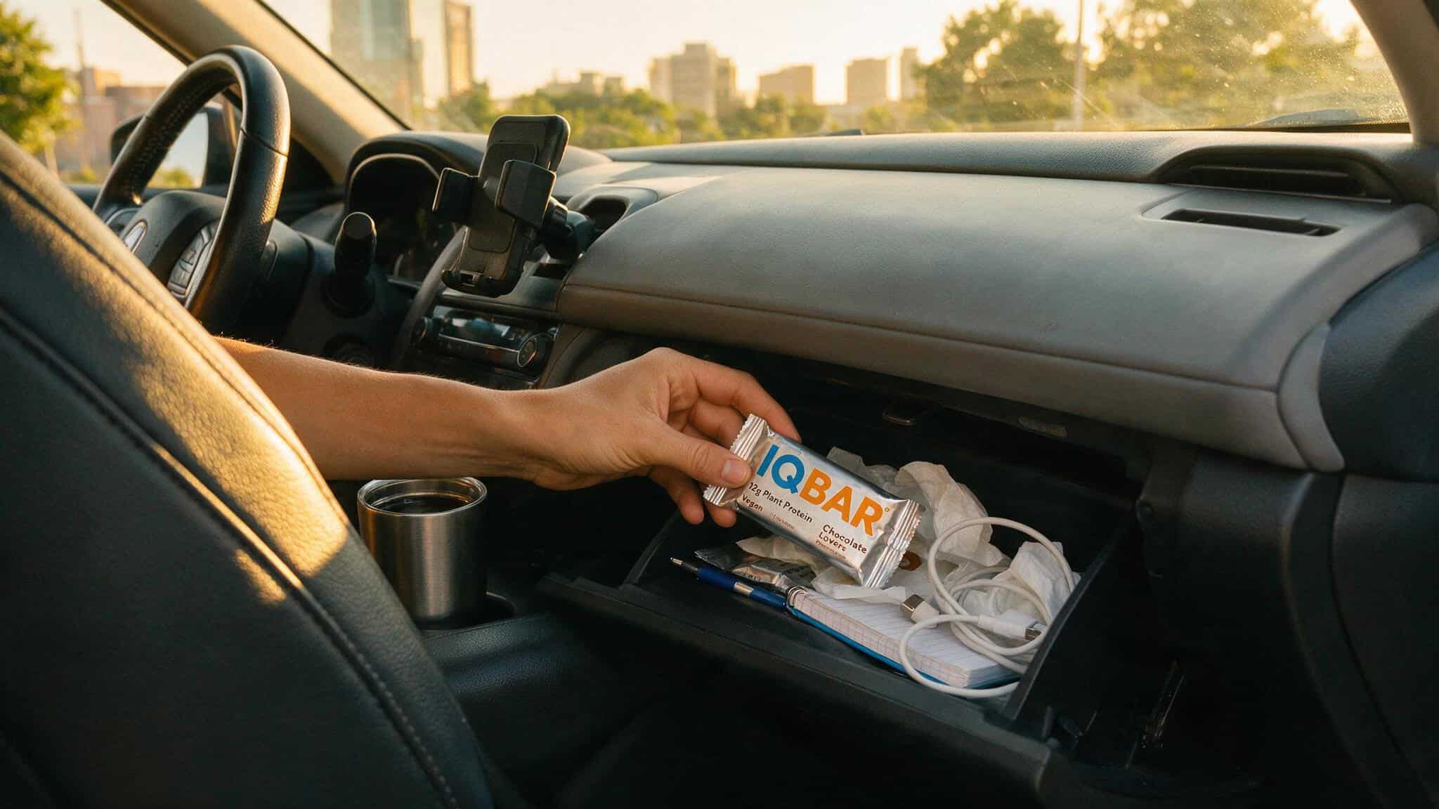 Hand retrieving an IQBAR from a car glove compartment, showing how to keep a stash for on-the-go snacking.