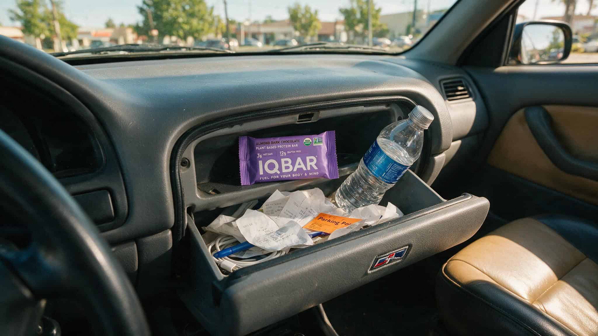 IQ Bars Review for Weight Loss: Low Sugar, High Fiber, 75/100 Dietitian Score 6 IQBAR stashed in a car glove compartment, a strategy for avoiding vending machine temptations.
