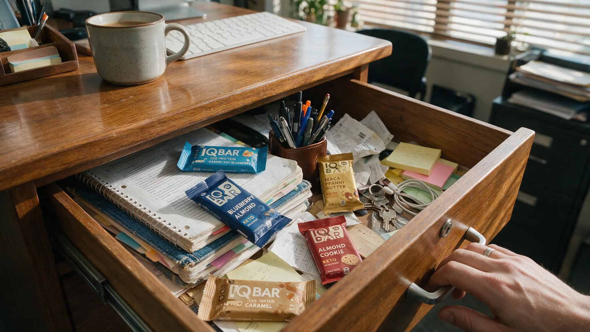 IQ Bars Review Reddit: Unfiltered Opinions on Taste, Texture, and Cognitive Benefits 7 Open desk drawer with IQBARs stashed among pens and notebooks for easy access.