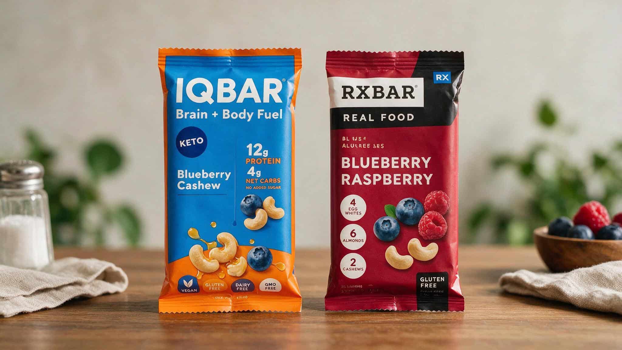 IQ Bars Review for Weight Loss: Low Sugar, High Fiber, 75/100 Dietitian Score 7 IQBAR and RXBAR side by side, comparing clean labels and sugar content for weight loss.