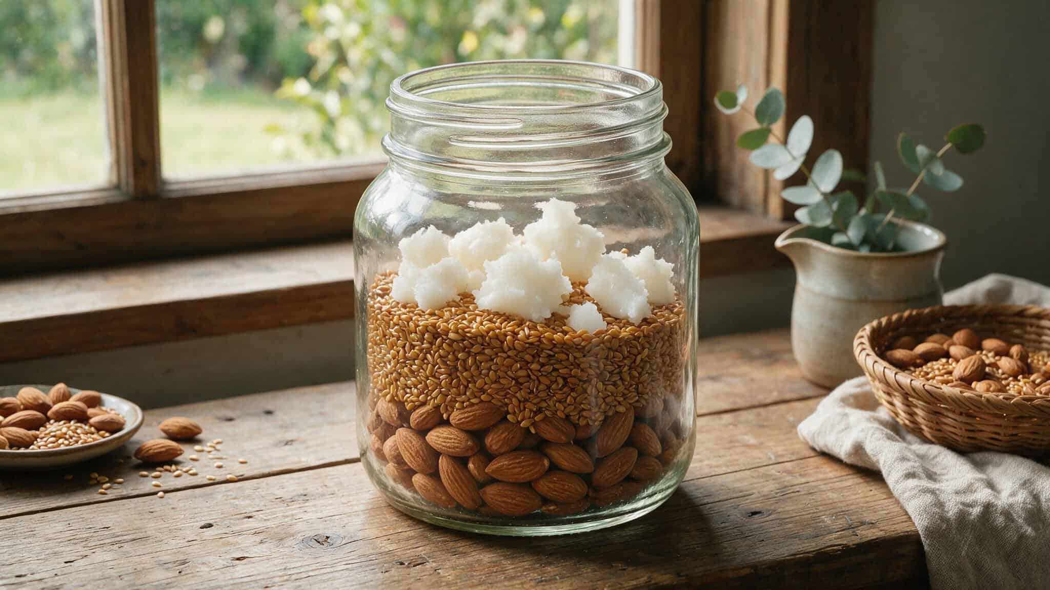 Glass jar of whole ingredients including almonds, flaxseeds, and coconut oil on a wooden table.