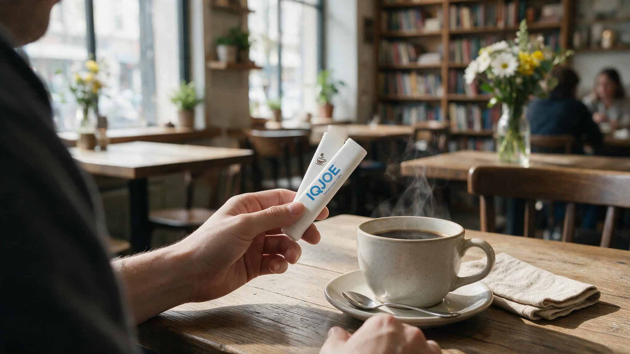 IQJOE instant coffee stick pack next to a coffee mug, containing 200mg caffeine.