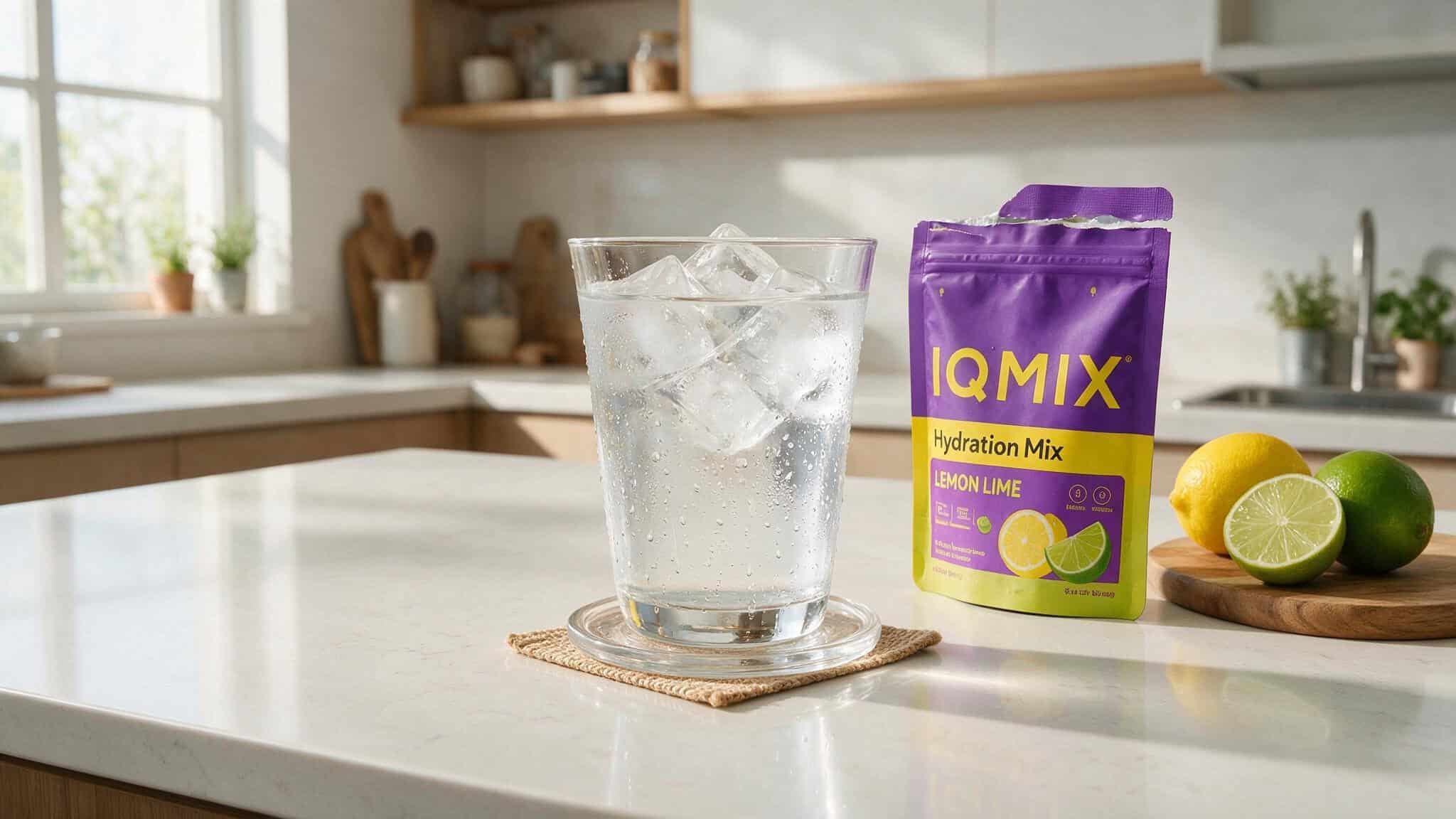 Glass of water with IQMIX zero-sugar hydration packet, companion product to IQBAR.