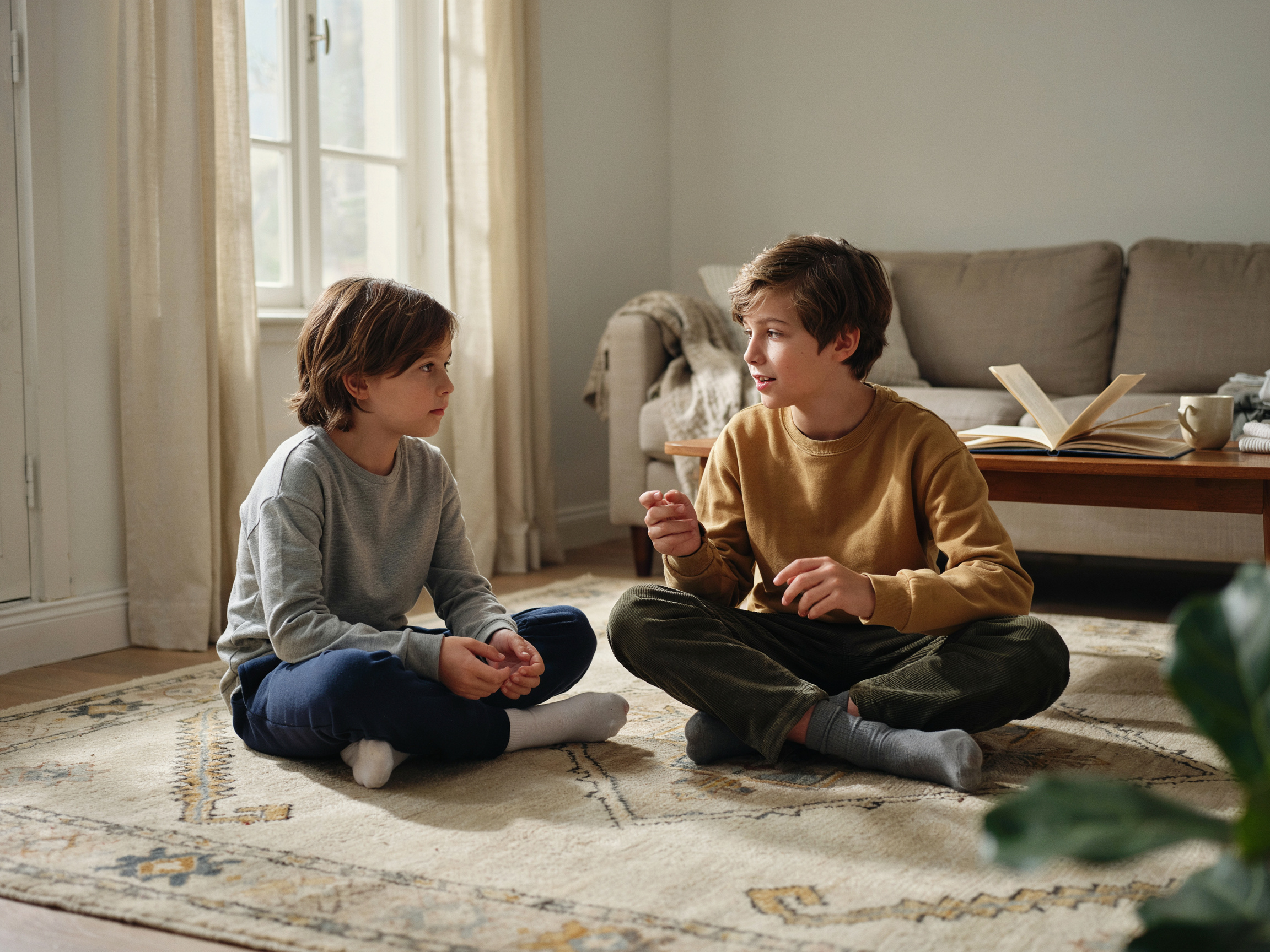 25 Family Values Examples: Specific Behaviors and SMART Goals You Can Start Tonight 3 Two children sitting on a floor, one listening while the other speaks, practicing respect