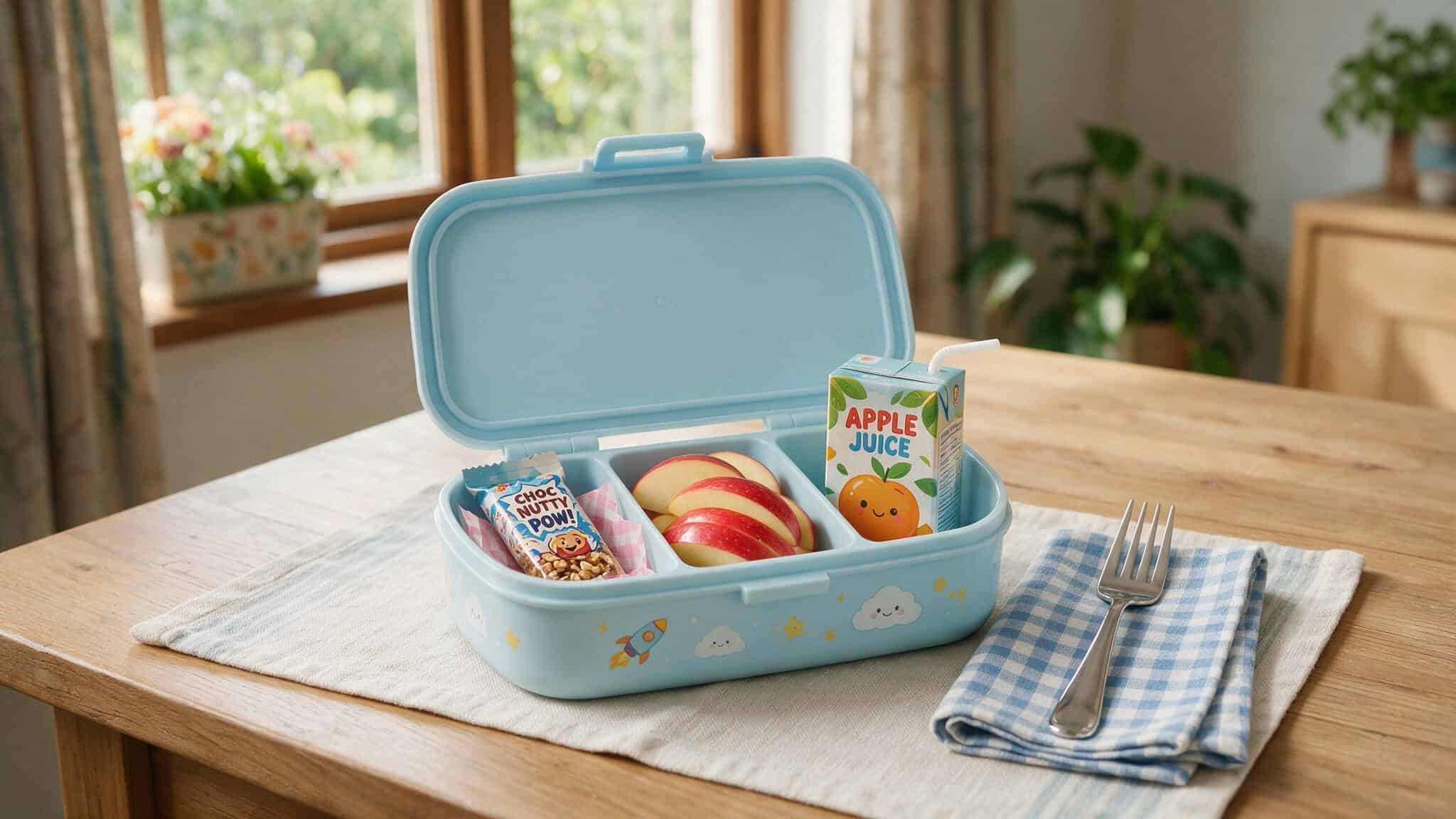 Healthiest Protein Bar Brands of 2026: Dietitian-Ranked with Clean Scores 7 Open lunchbox with a small protein bar, apple slices, and juice box for a child's snack.