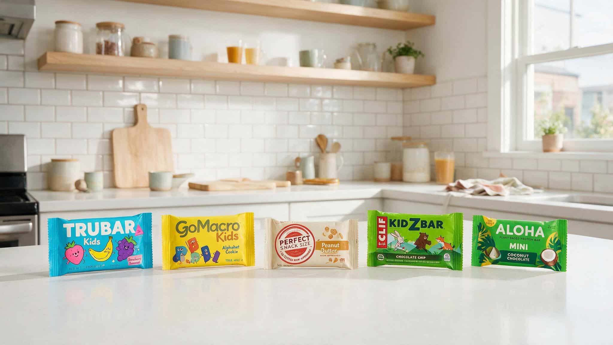 IQ Bar vs RX Bar: Ingredients, Taste, and Nutrition Compared 9 Five different kid-specific protein bars lined up on a kitchen counter including TRUBAR Kids and GoMacro Kids.