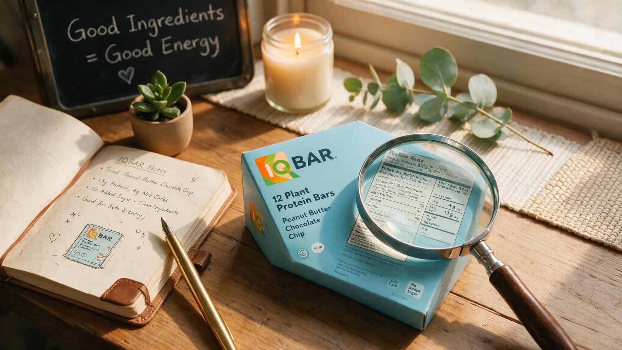 Are IQ Bars Bobby Approved? A Point-by-Point Evaluation 8 Flat lay of IQBAR box with magnifying glass over ingredient panel and notebook, representing thorough label inspection.