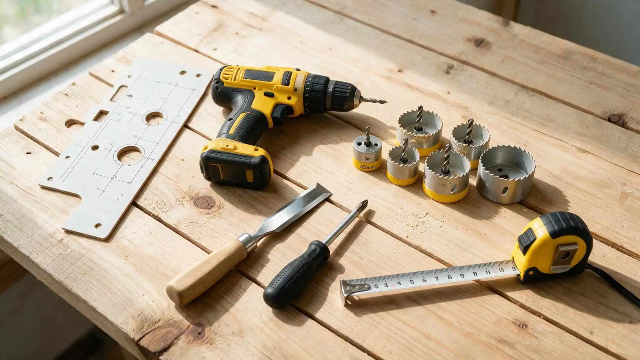 How to Install a Door Lock Mechanism Without Sticking: 4 Common Fixes 2 Tools laid out for door lock installation including drill, chisel, and template.