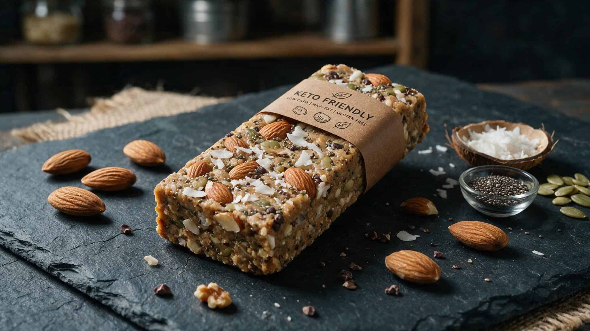 Healthiest Protein Bar Brands of 2026: Dietitian-Ranked with Clean Scores 6 Close-up of a low-carb keto protein bar on a dark slate surface with moody lighting.
