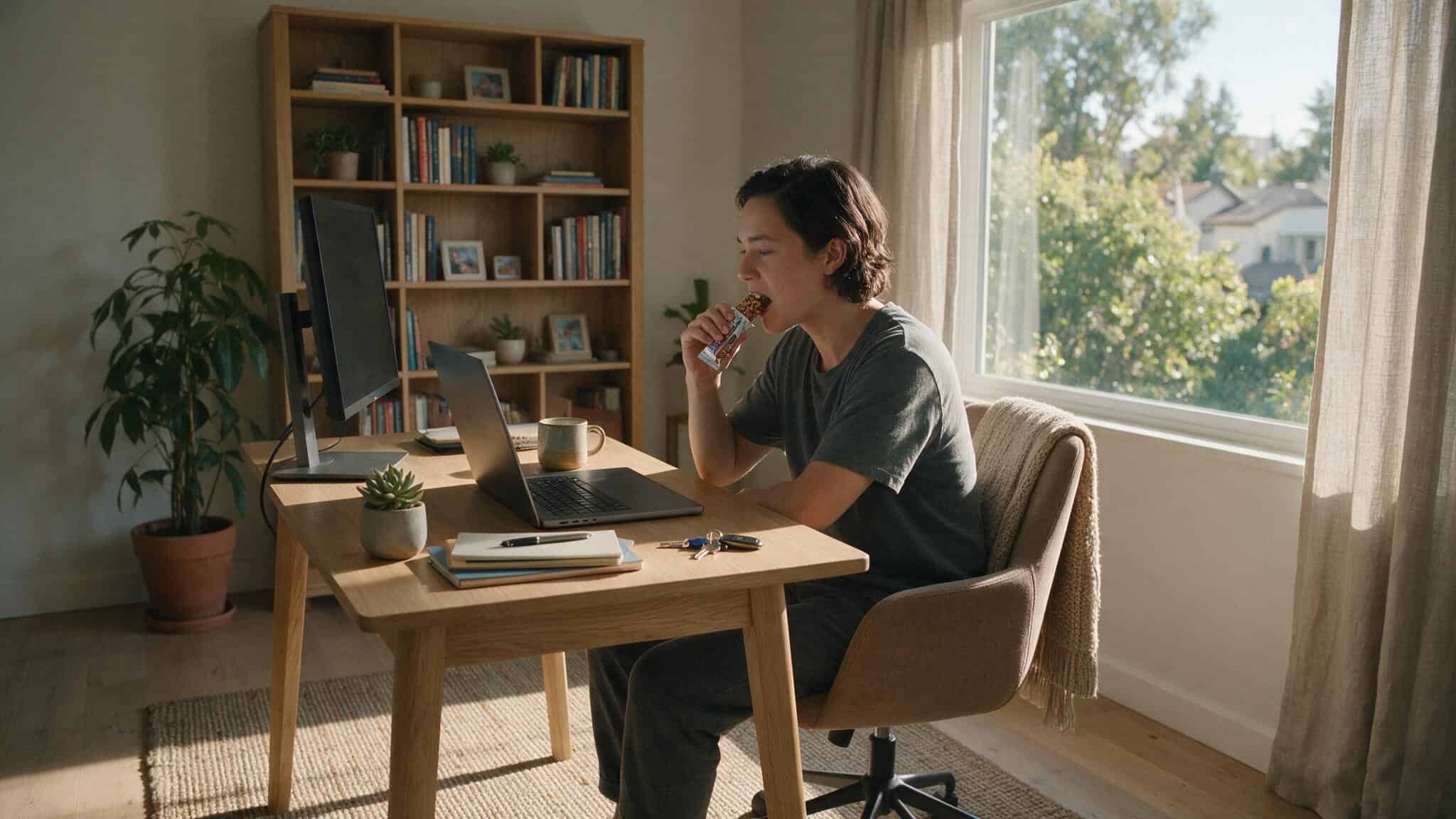 Healthiest Protein Bar Brands of 2026: Dietitian-Ranked with Clean Scores 9 Person eating a protein bar at a desk as a midday snack while working on a laptop.