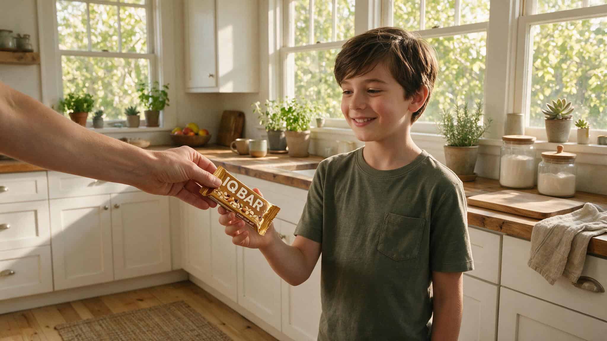 IQ Bar Yuka Score: Why It Scores 51/100 and 75/100 by Flavor 7 Parent offering an IQ Bar to a tween-age child in a sunlit kitchen.