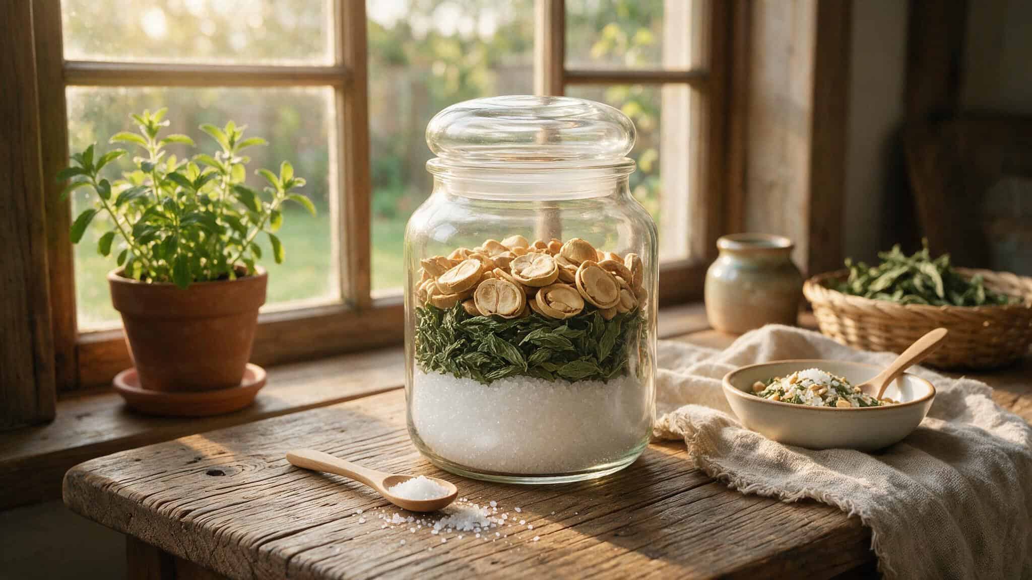 Are IQ Bars Bobby Approved? A Point-by-Point Evaluation 3 Jar of stevia leaves, monk fruit, and erythritol crystals, illustrating sweetener options for low-sugar bars.
