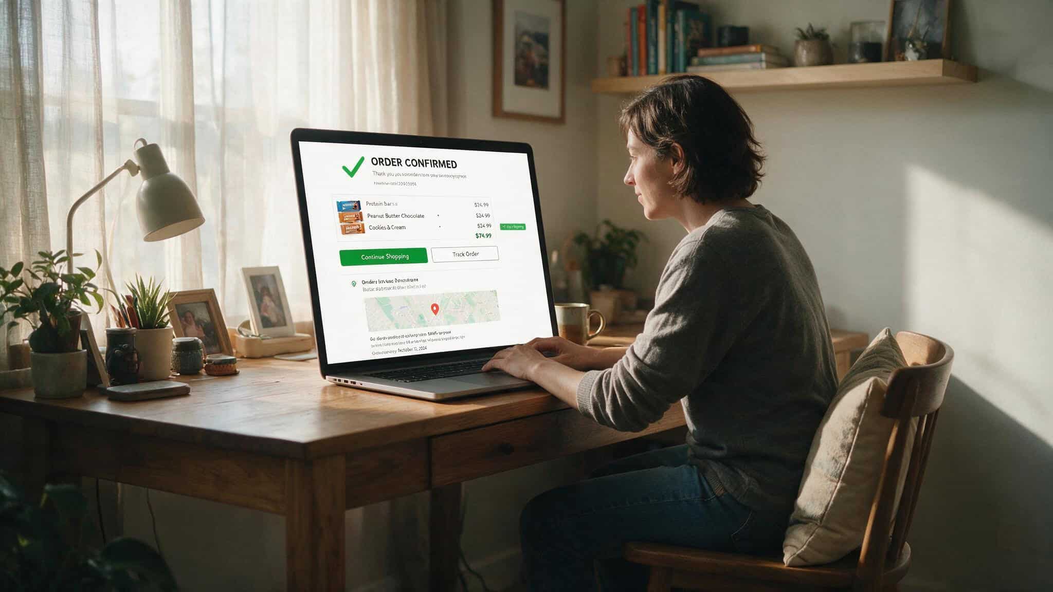 Person viewing online order confirmation for IQBARs on a laptop in a home office.