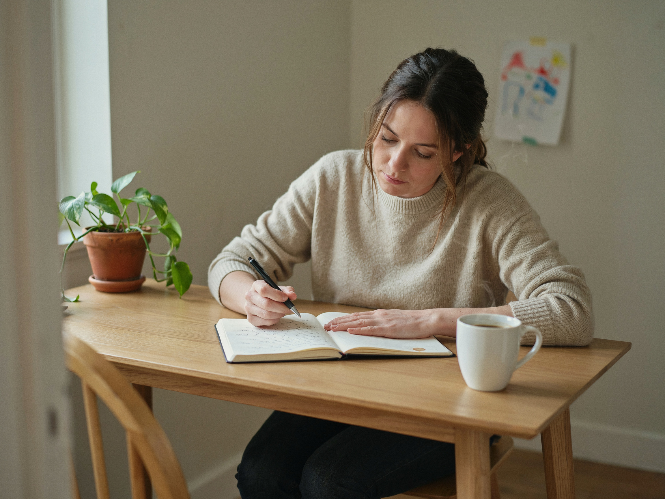 What Is the Value of Family? A Practical Guide to Defining What Matters Most 3 Parent journaling alone, reflecting on personal values before leading a family conversation.