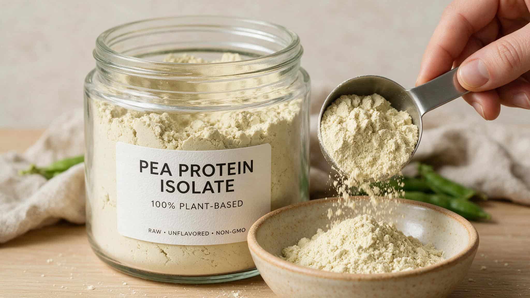 Scoop of pea protein powder being lifted from a glass jar into a bowl.