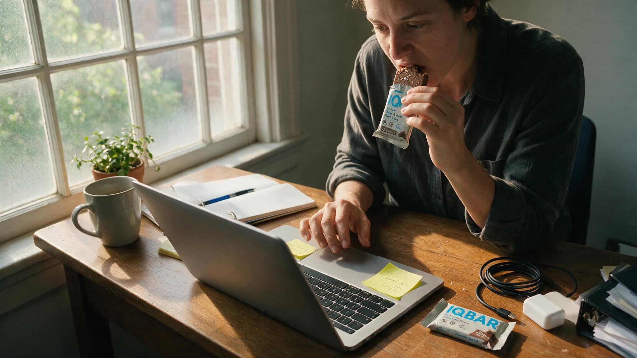 IQ Bars Review for Weight Loss: Low Sugar, High Fiber, 75/100 Dietitian Score 10 Person eating an IQBAR at a desk, illustrating sustained energy for diet adherence during high-focus work.