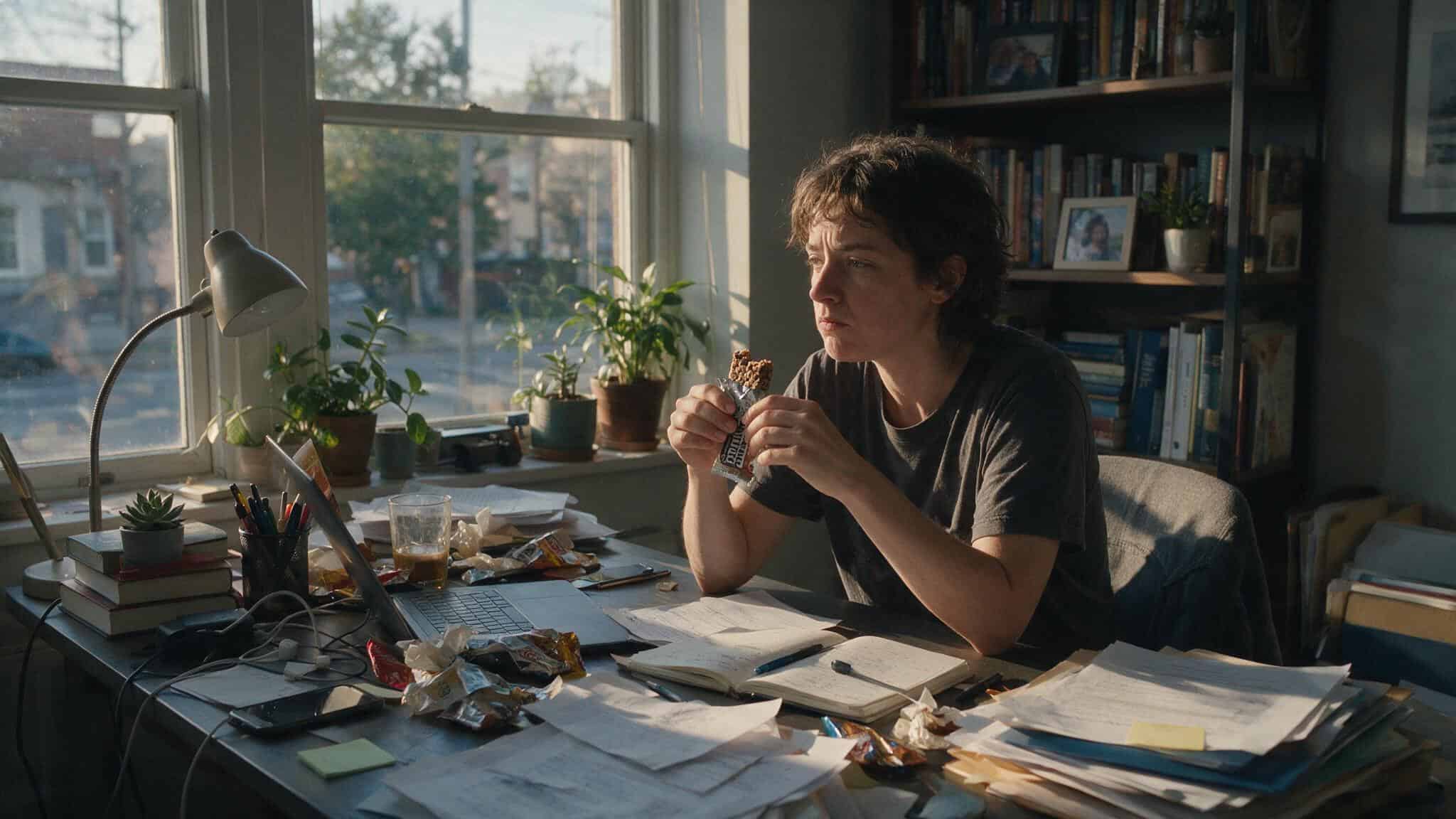 Person sitting at a cluttered desk eating an IQBAR in afternoon light, thoughtful expression.