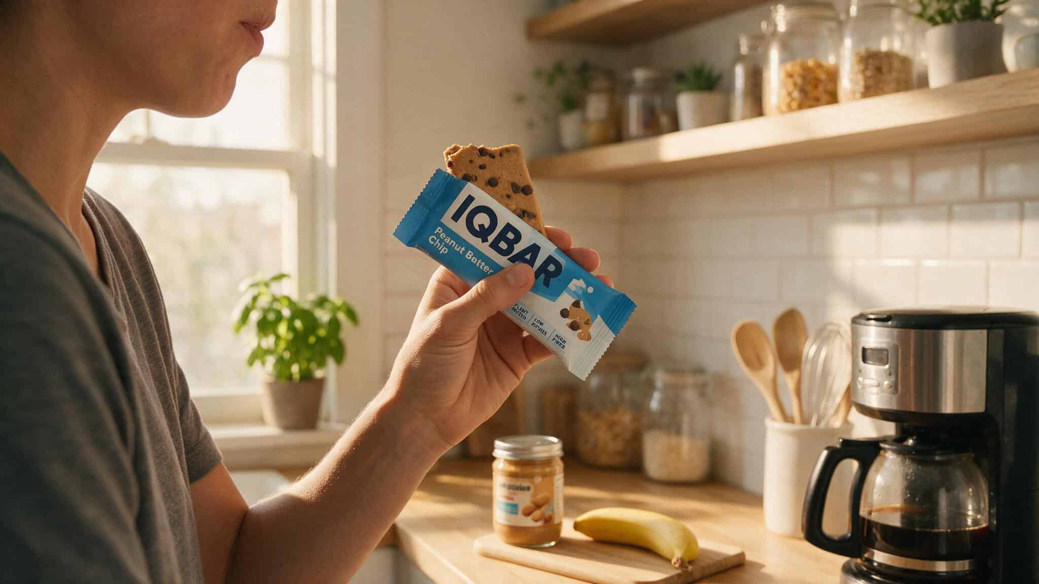 IQ Bars Review for Weight Loss: Low Sugar, High Fiber, 75/100 Dietitian Score 4 Person eating a Peanut Butter Chip IQBAR, illustrating the taste and texture compliance factor.
