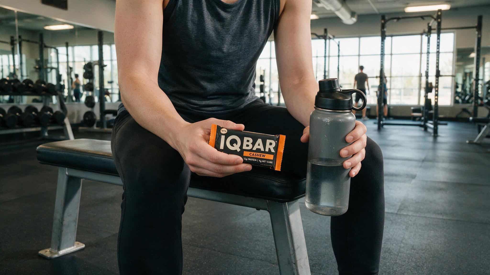 Person holding an IQBAR after a workout, representing the bar as a post-exercise snack option.
