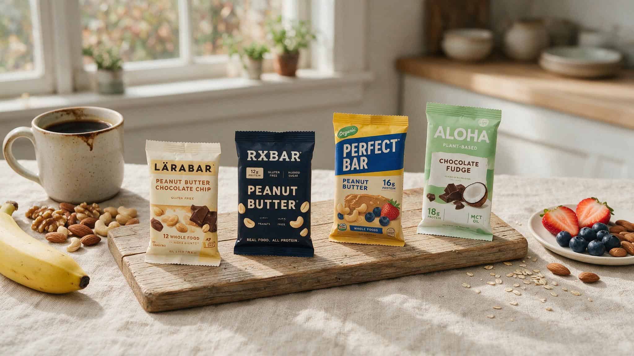 IQ Bar Yuka Score: Why It Scores 51/100 and 75/100 by Flavor 6 Four snack bars lined up for comparison: Lärabar, RXBAR, Perfect Bar, and Aloha Protein Bar.