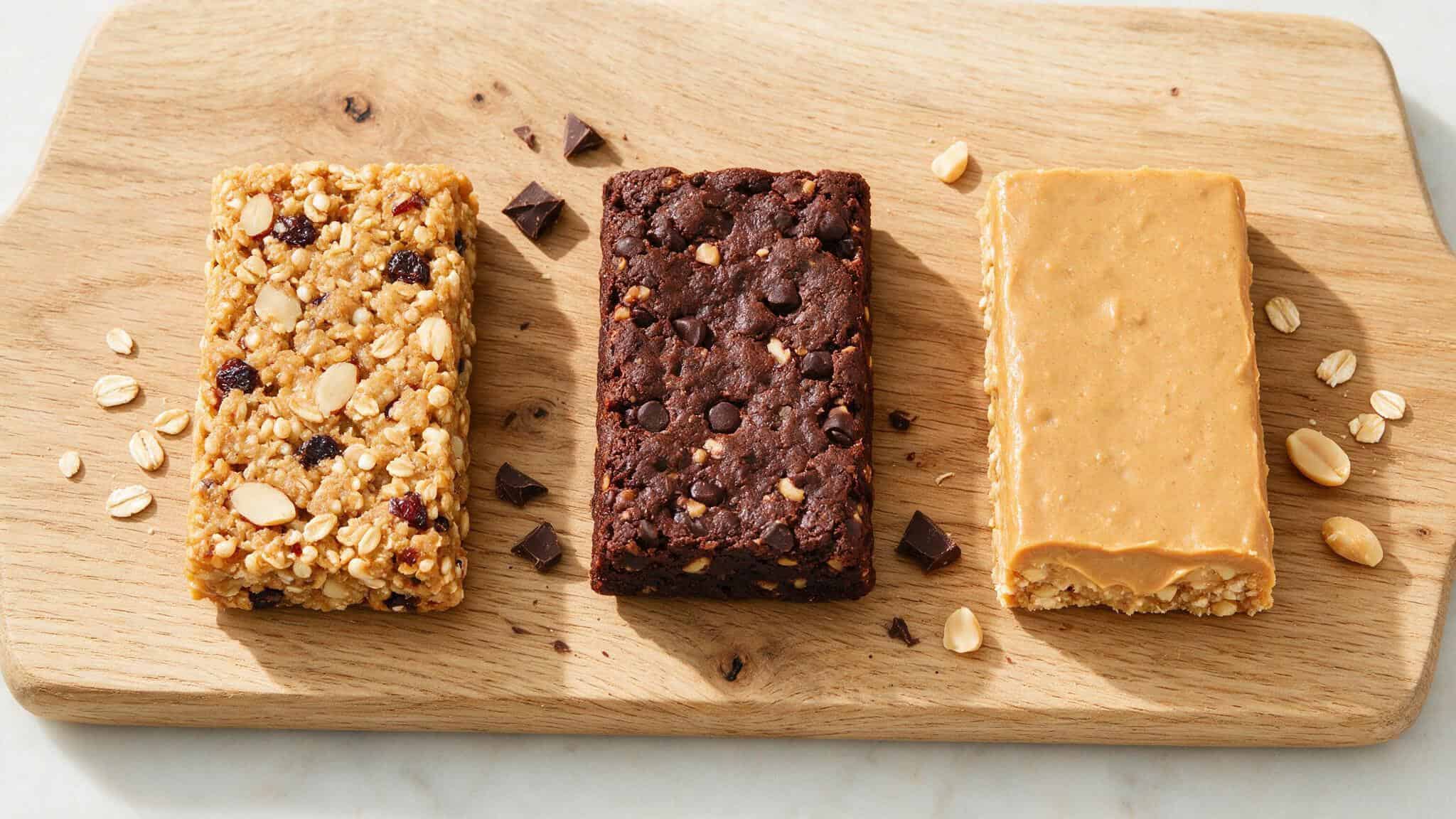 Three protein bars from different brands laid side by side for texture and color comparison.