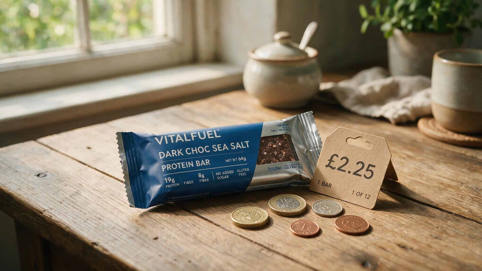 Healthiest Protein Bar Brands of 2026: Dietitian-Ranked with Clean Scores 10 Protein bar wrapper with price tag and coins on a wooden surface showing value comparison.