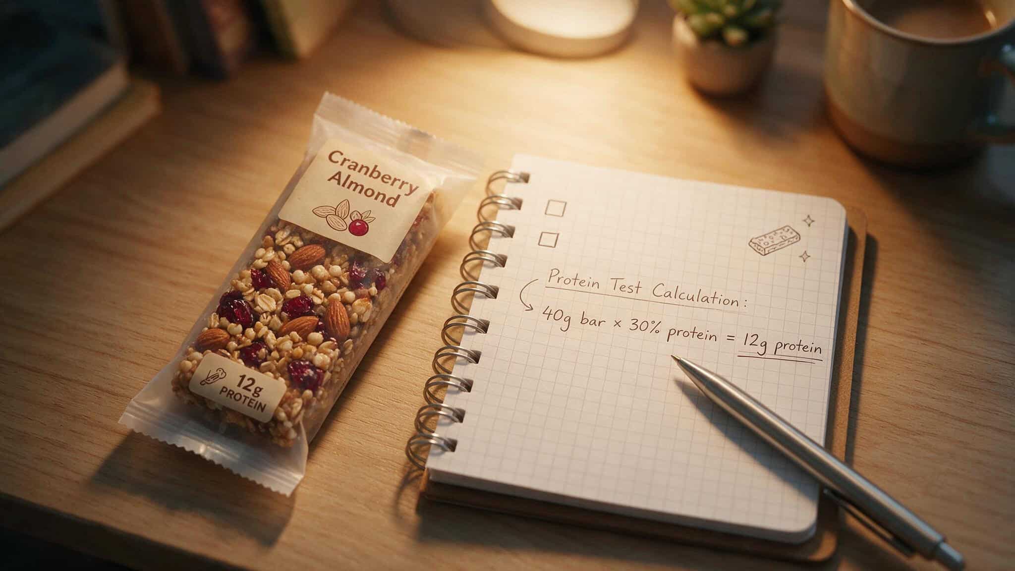 Healthiest Protein Bar Brands of 2026: Dietitian-Ranked with Clean Scores 3 Protein bar beside a notepad showing the protein test calculation in handwriting.