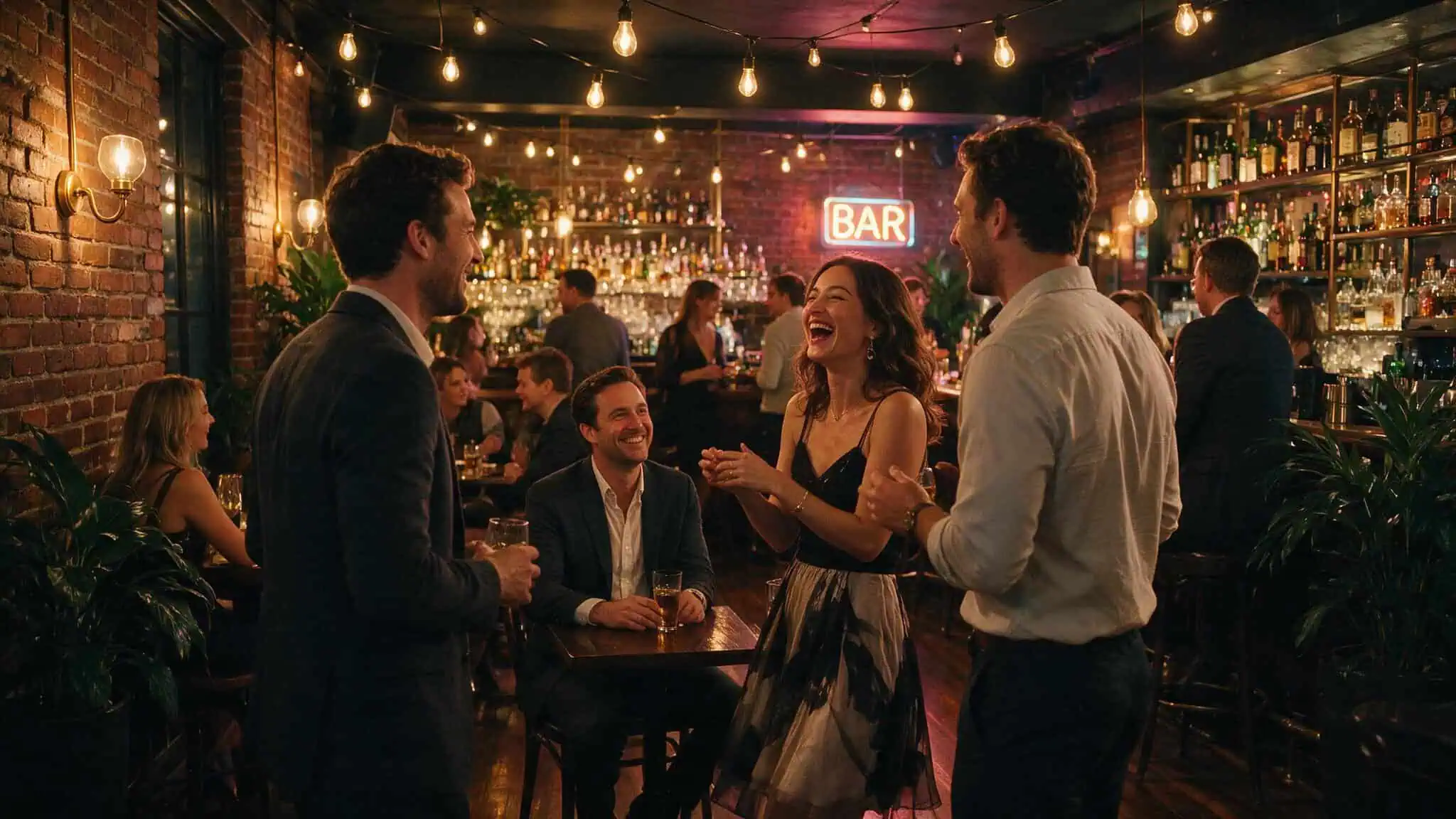 Hotwifing Trend: What Real Couples Say About Sharing Their Wife 2 Woman flirting with two men at a bar while her husband watches, illustrating a real hotwifing experience.