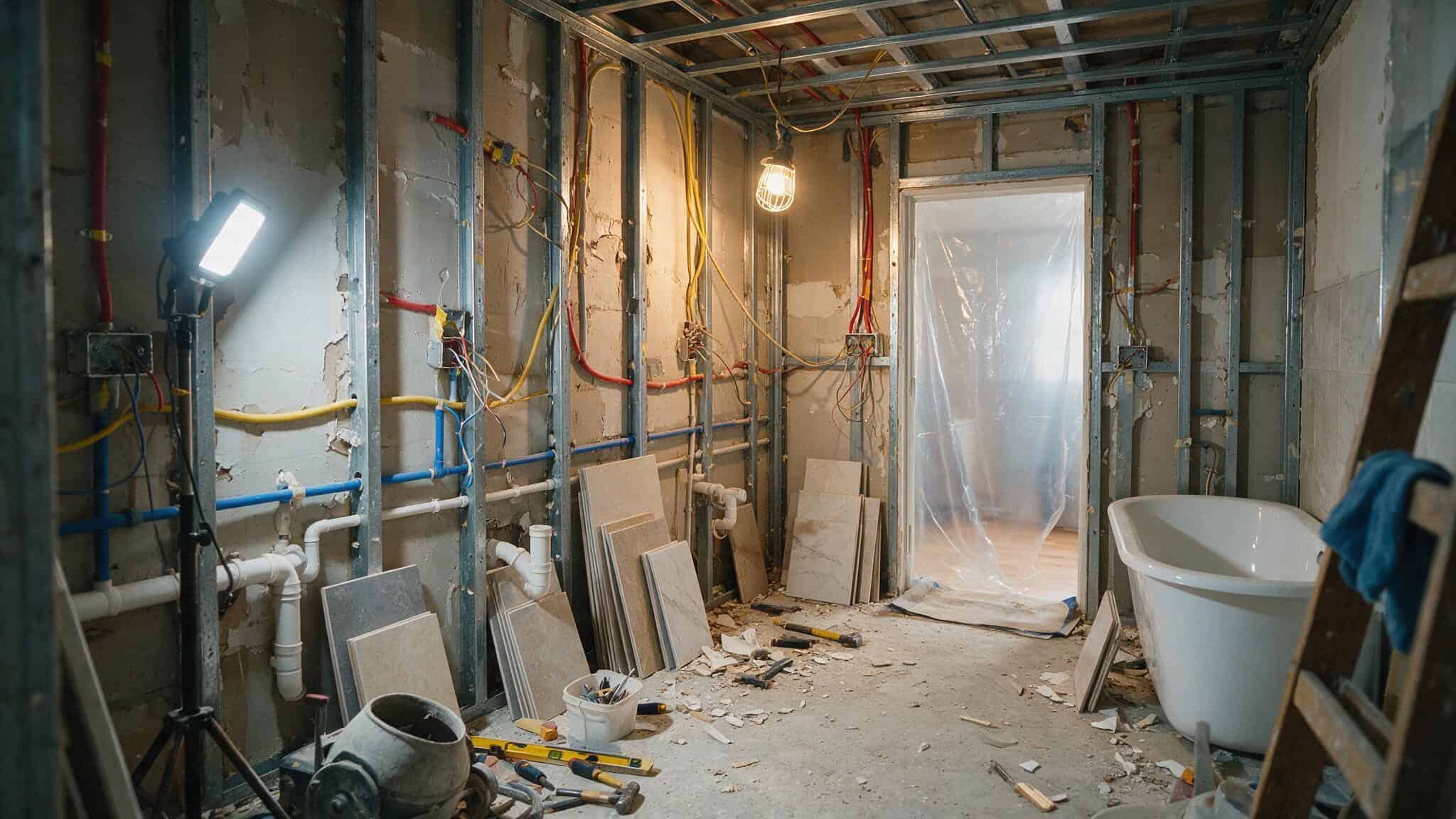 Bathroom Remodel Timeline: 4-Week Schedule, Delays, and Tips from a Mom Who Survived 2 Bathroom rough-in phase with exposed plumbing pipes and electrical wiring