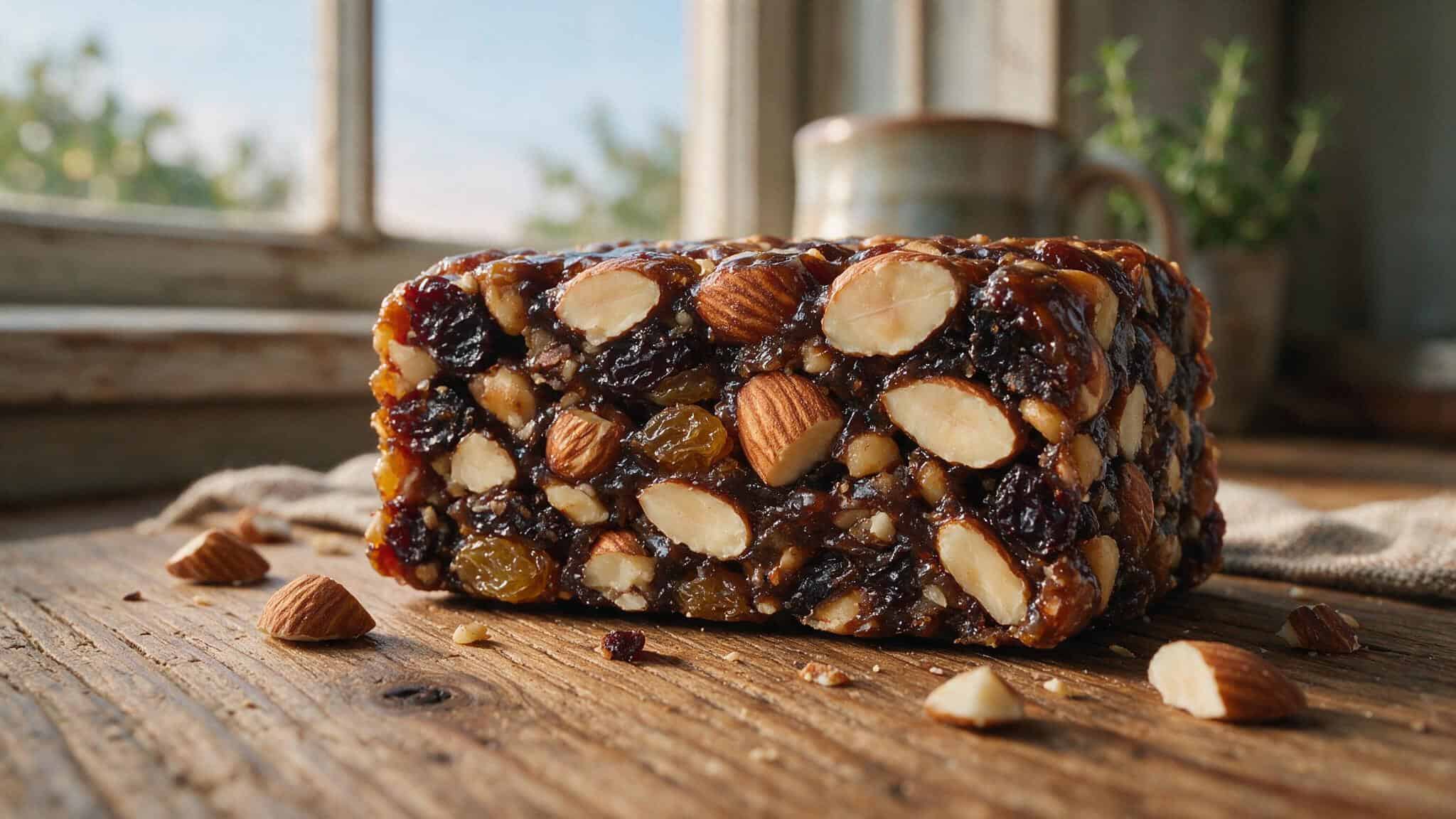 IQ Bar vs RX Bar: Ingredients, Taste, and Nutrition Compared 4 Cross-section of an RXBar revealing dense chewy texture with visible almond pieces and date binding.