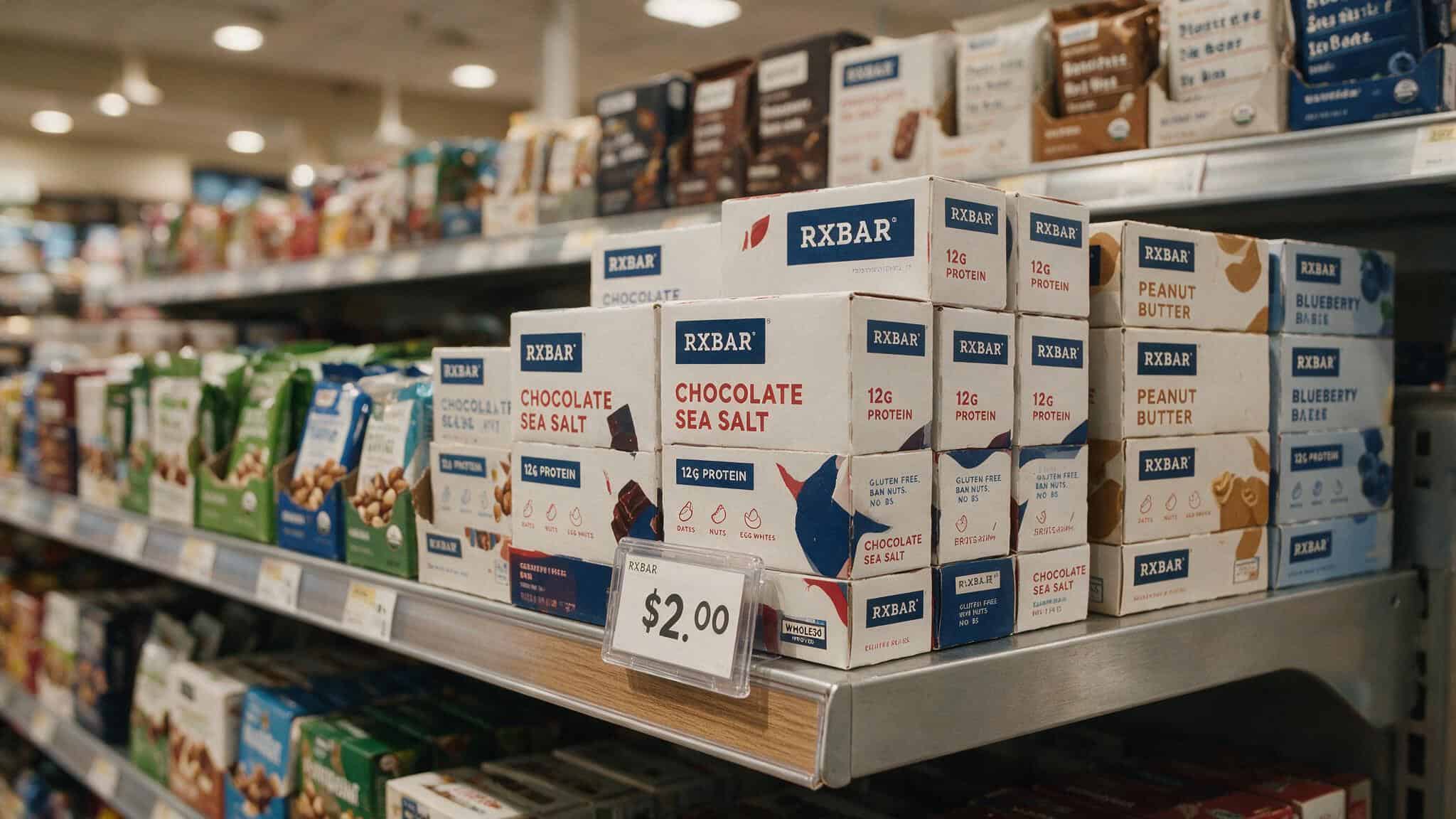 IQ Bar vs RX Bar: Ingredients, Taste, and Nutrition Compared 7 RXBar boxes on a supermarket shelf with price tag around two dollars per bar.