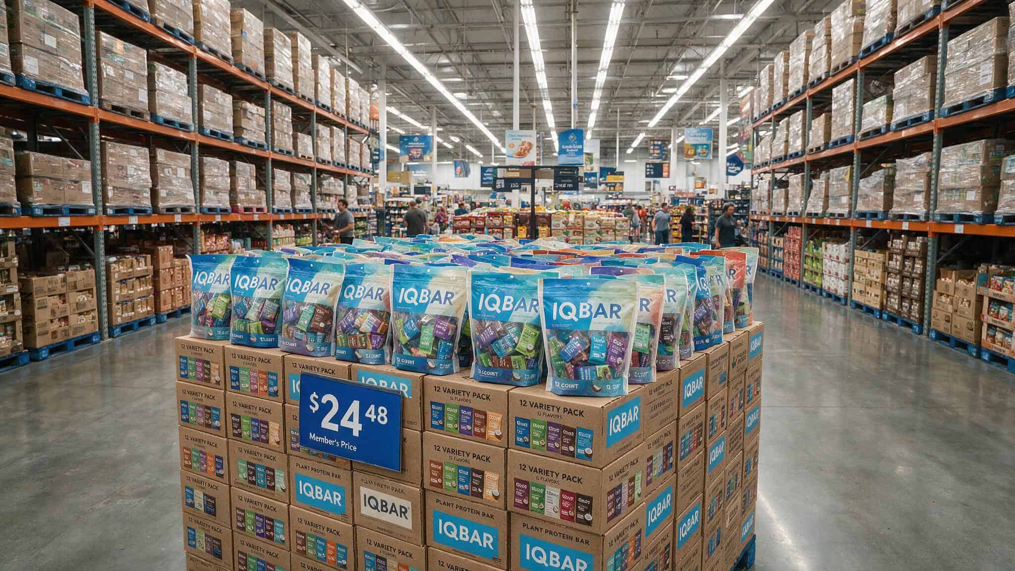 Sam's Club warehouse aisle with large display of IQBAR variety packs