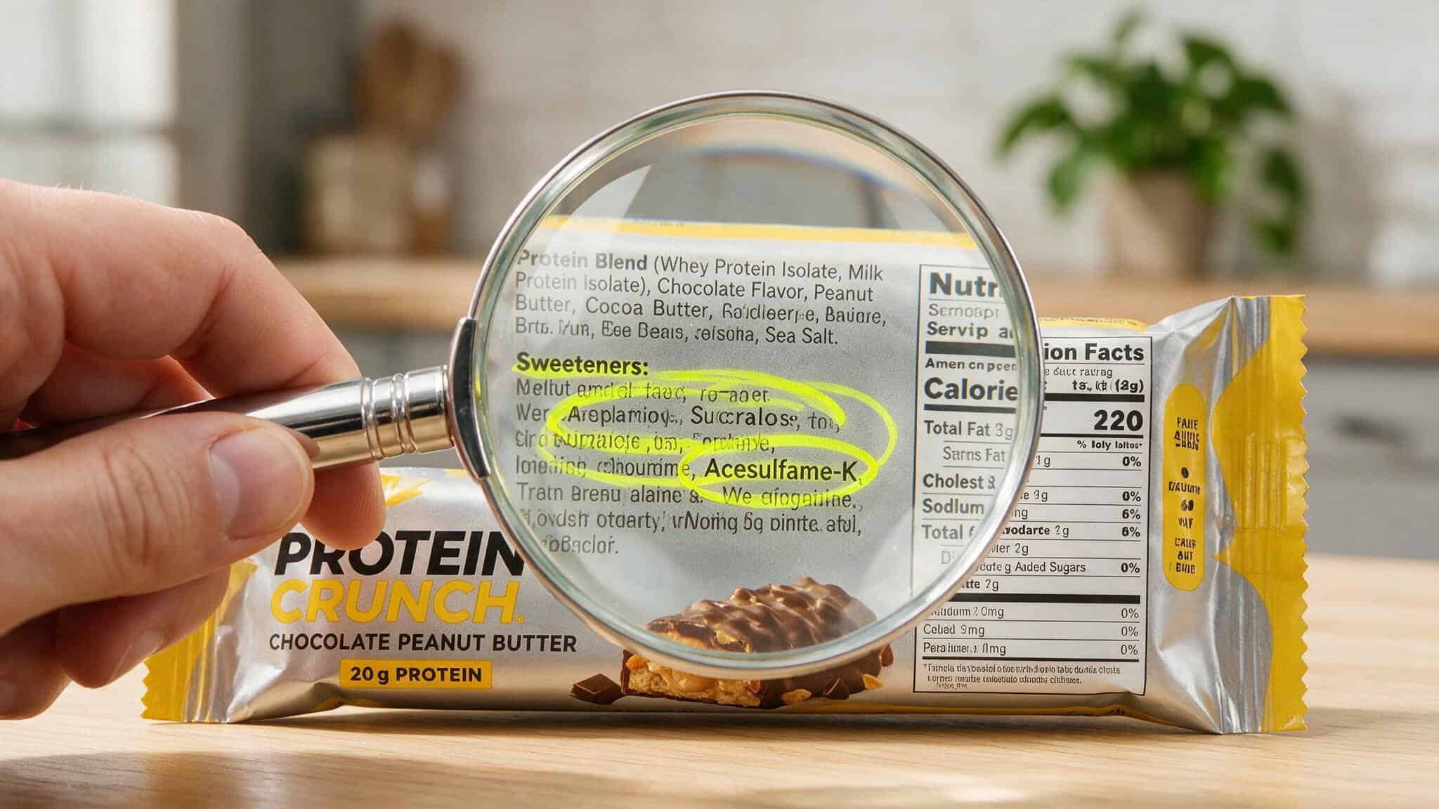 Healthiest Protein Bar Brands of 2026: Dietitian-Ranked with Clean Scores 2 Hand with magnifying glass inspecting a protein bar ingredient list for red flags.