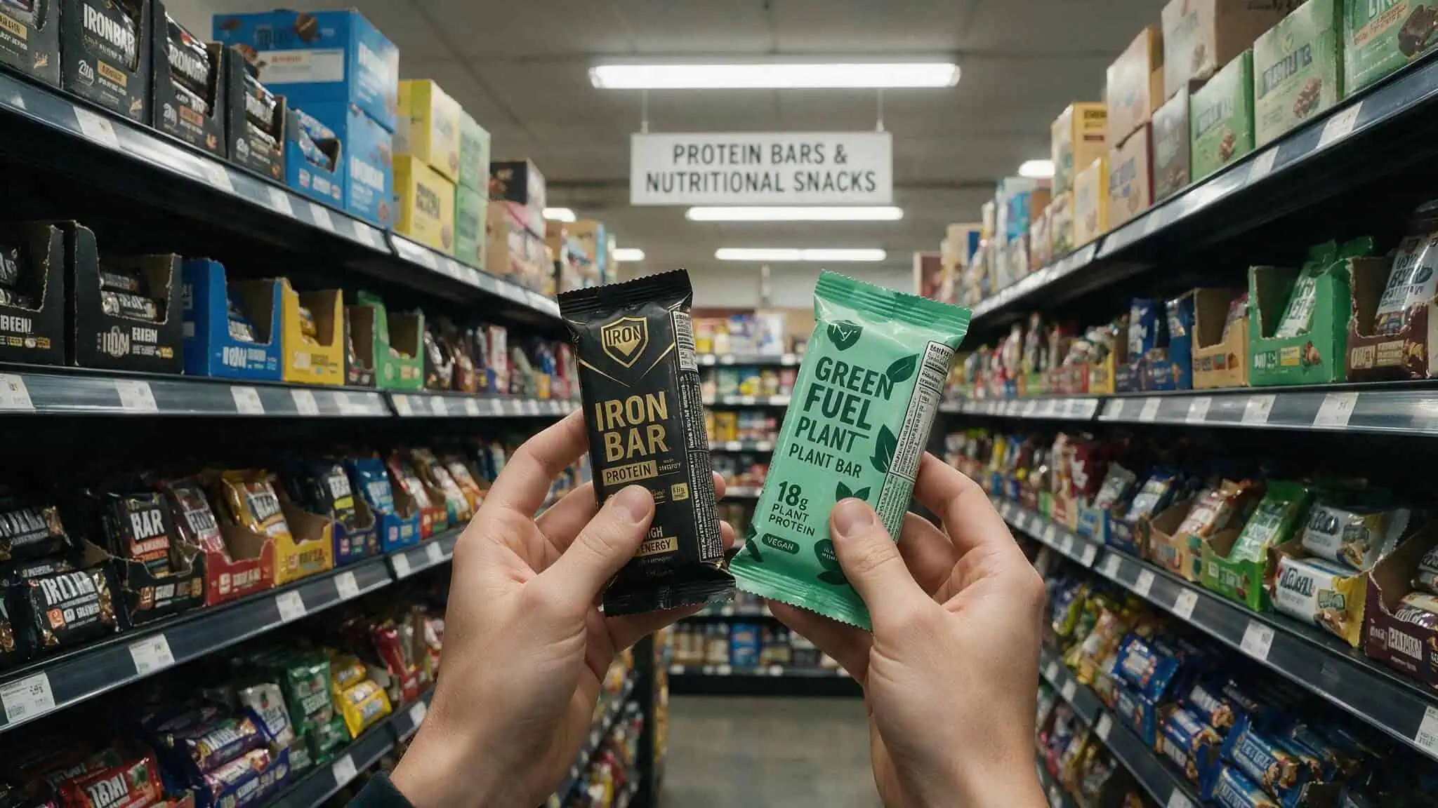 Are IQ Bars Bobby Approved? A Point-by-Point Evaluation 6 Shopper in a grocery aisle comparing ingredient labels on two protein bars, illustrating label-reading for Bobby Approved criteria.
