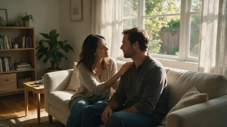 A couple in a female-led relationship sharing a quiet, trusting moment on a couch.
