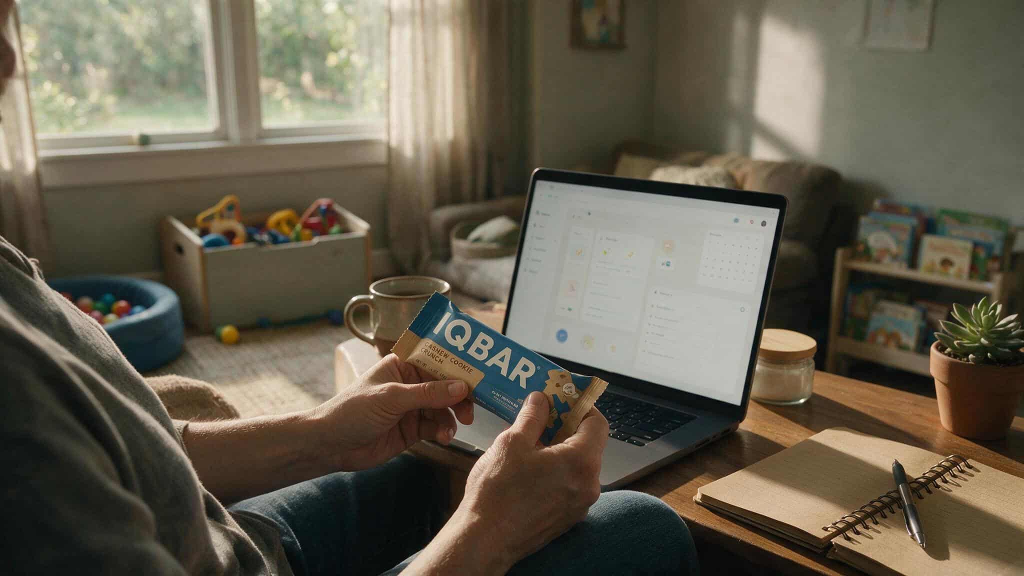 Sleep-deprived parent eating an IQBAR at a desk, illustrating cognitive benefits for busy adults.