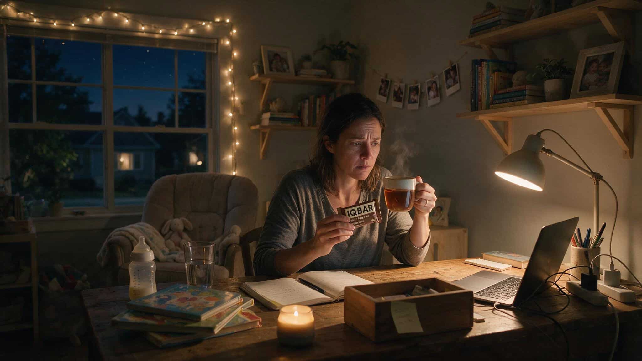 IQ Bars Review Reddit: Unfiltered Opinions on Taste, Texture, and Cognitive Benefits 6 Sleep-deprived parent at night desk holding IQBAR and tea, focused expression.
