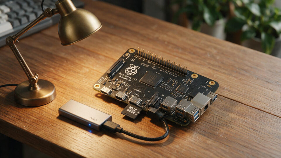 Raspberry Pi 3B+ with microSD card and SSD on a desk for a DIY smart home hub.