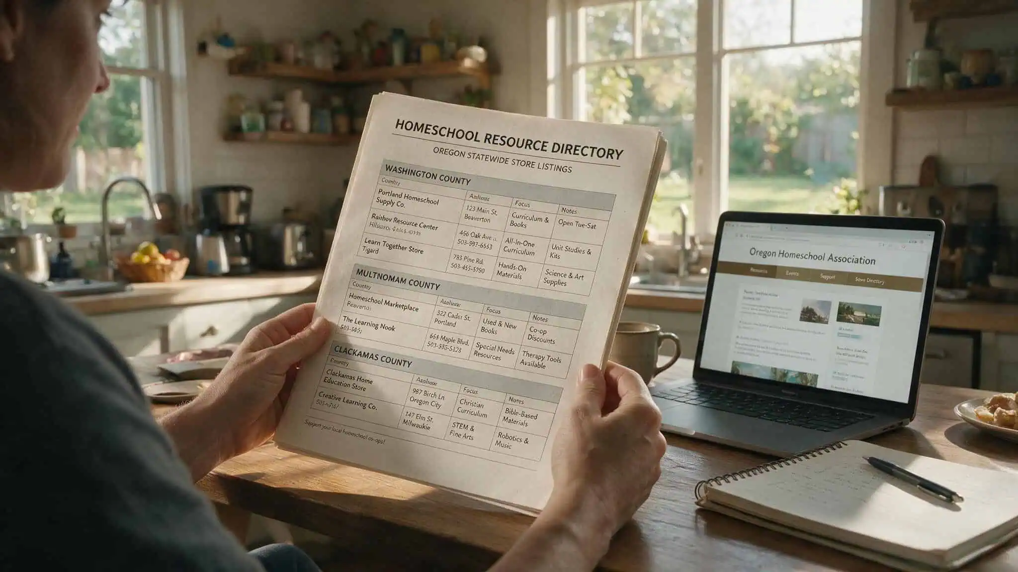 Homeschool Store Near Me: How to Find a Local Store That Guarantees Used Curriculum 4 Parent reviewing a printed state directory of homeschool stores at a kitchen table.
